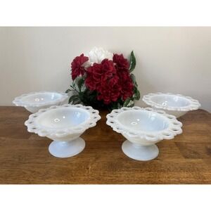 Vintage Milk Glass Pedestal Compotes Open‎ Lace Edge Compote Wedding Decor Retro
